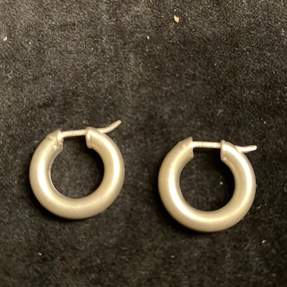 Brushed sterling silver hollow hoops.